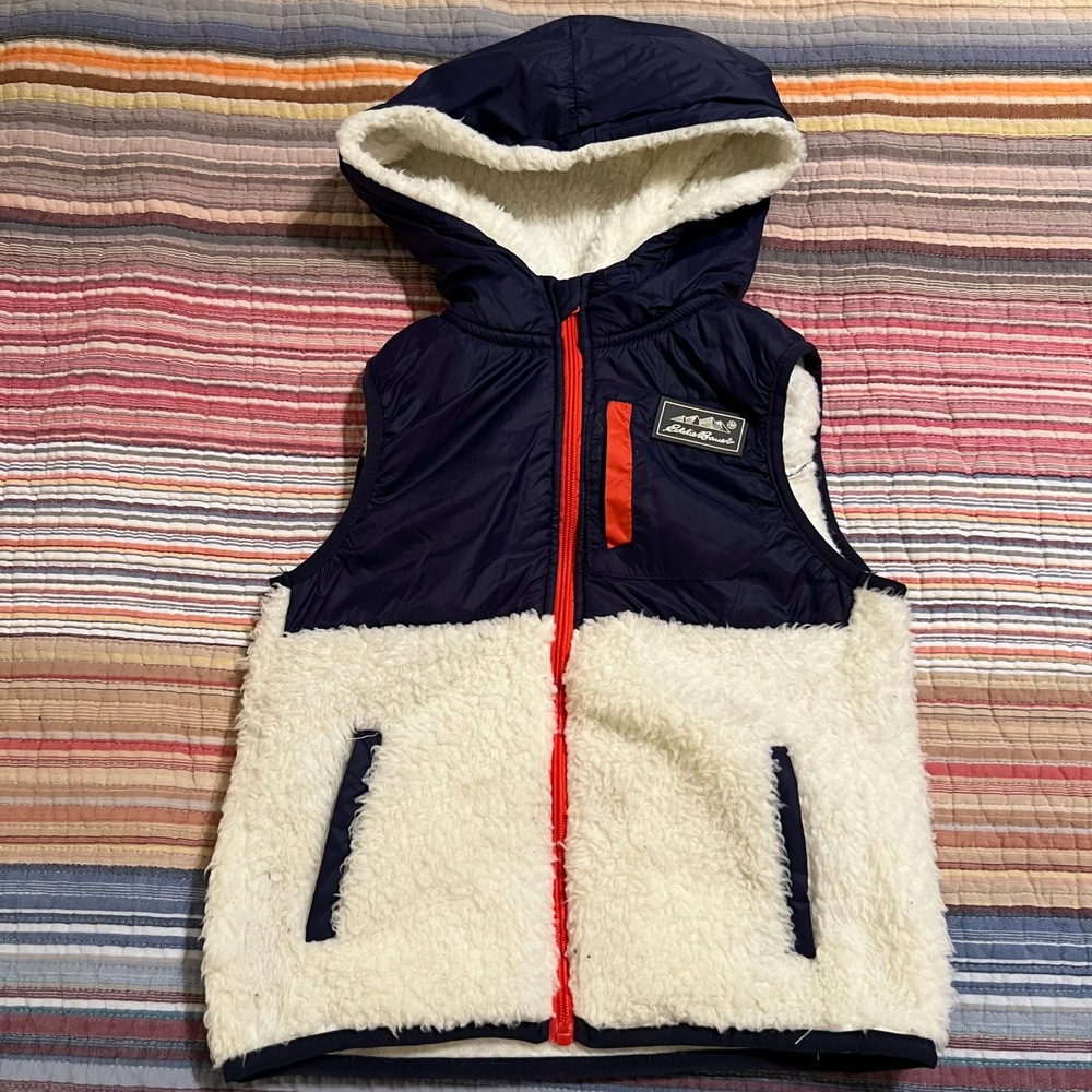 Eddie‎ Bauer Kids Fleece Lined Puffer Vest Navy Orange Size 5 Hooded